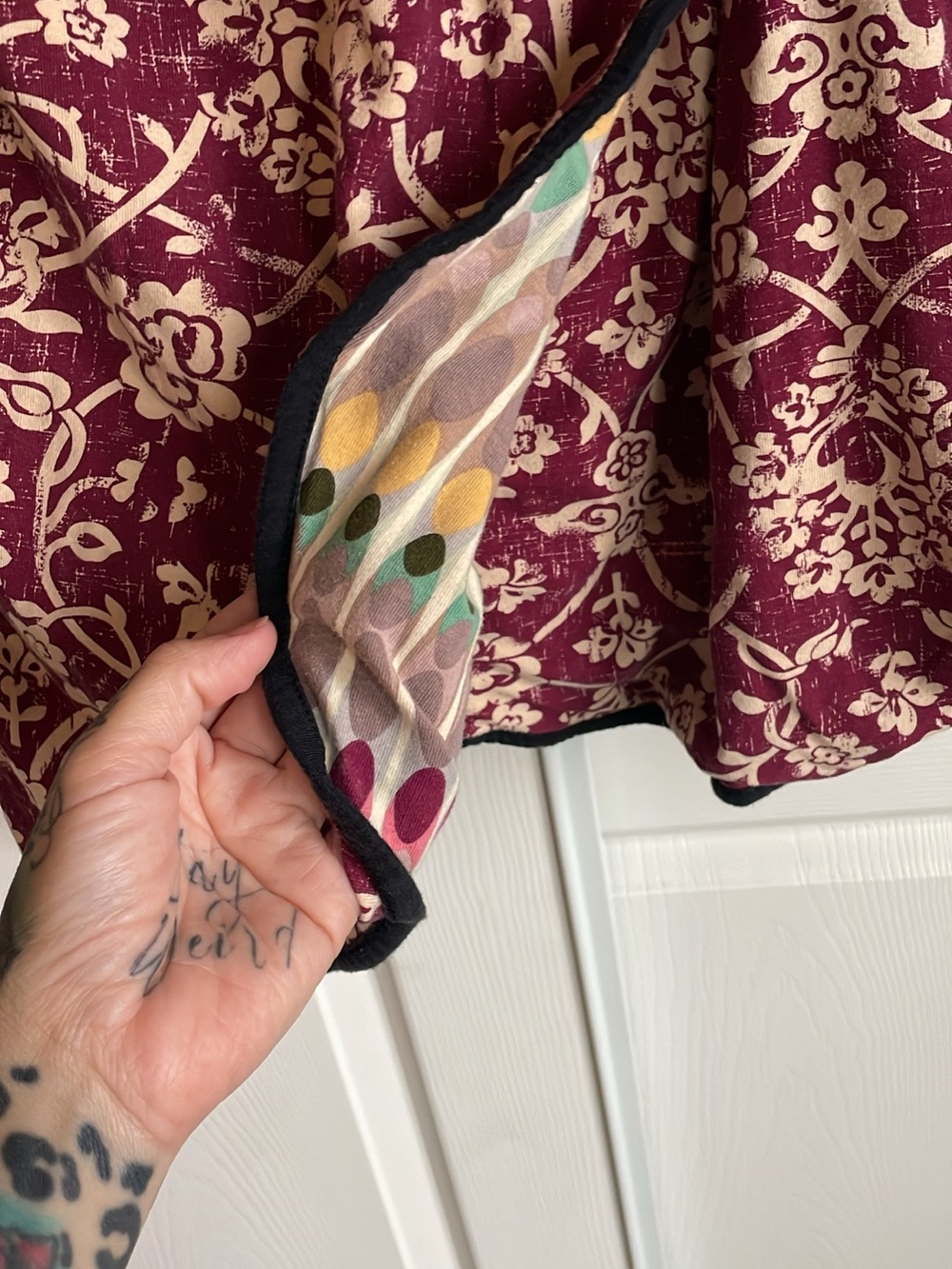 Effie's Heart Burgundy and Cream Floral wrap Dress. 2 Prints - Picture 3 of 8